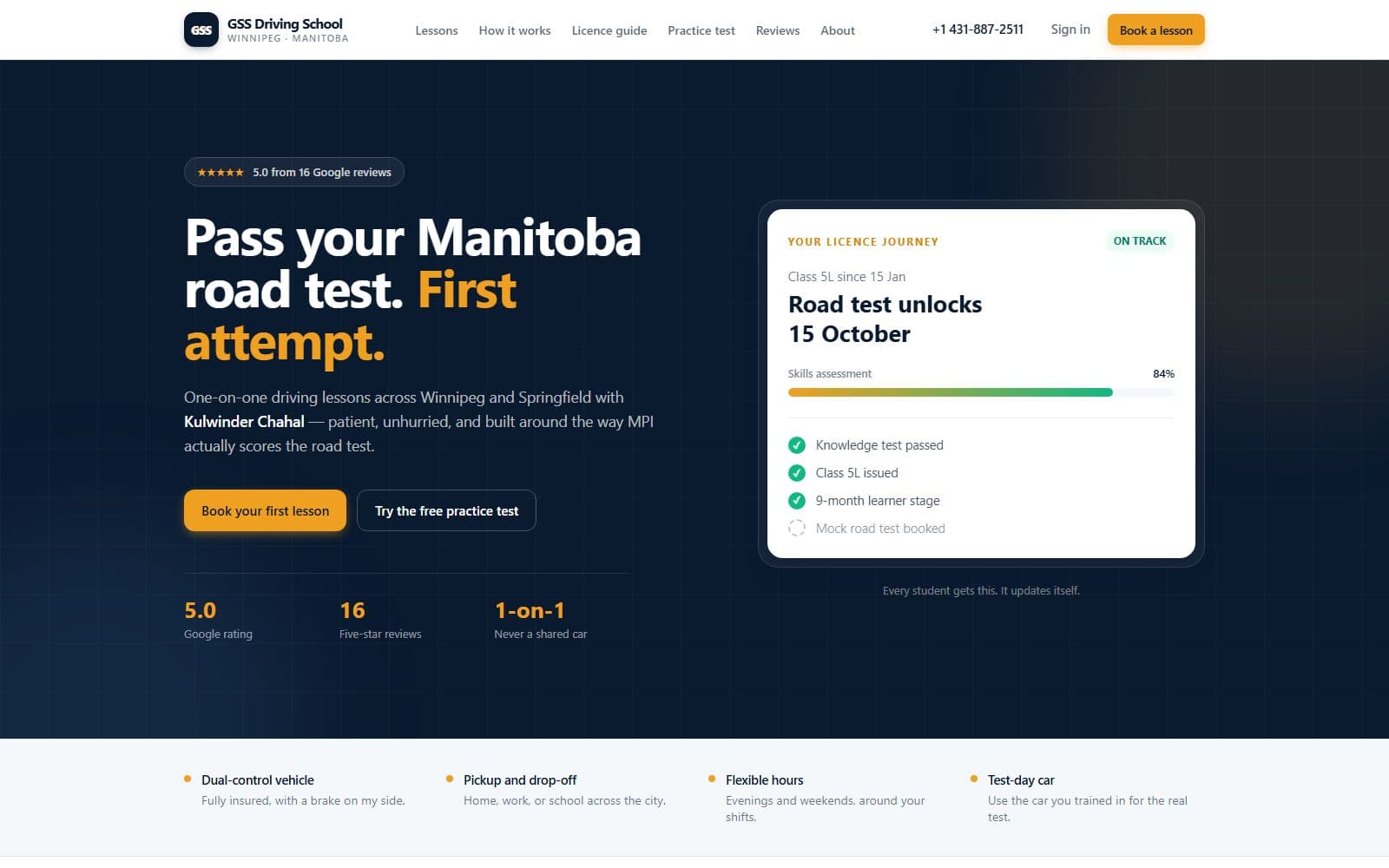 GSS Driving School — Driving school site — 96% first-attempt pass rate hook