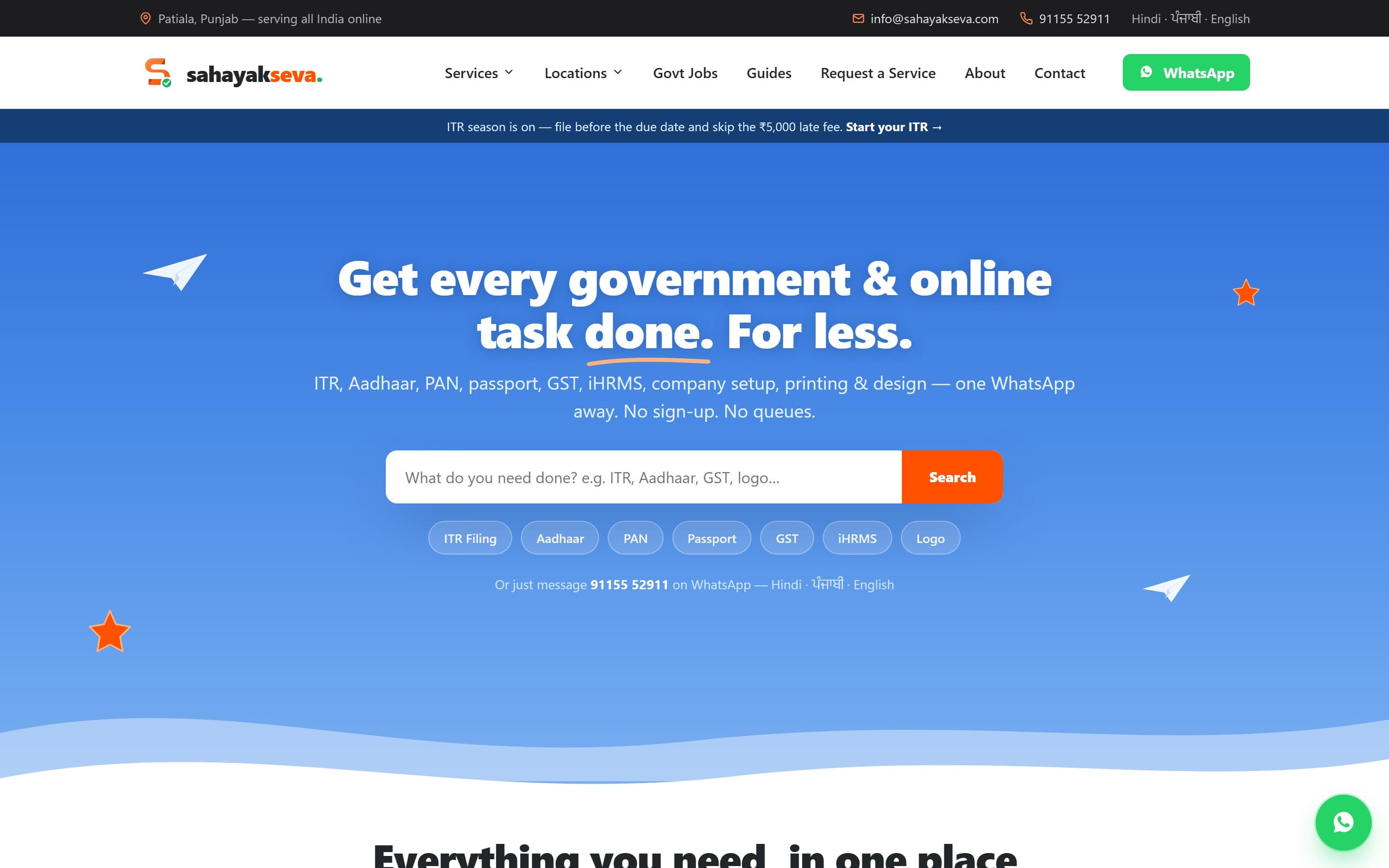 Govt documentation services site — 40+ service pages, WhatsApp intake, job alerts — Sahayak Seva