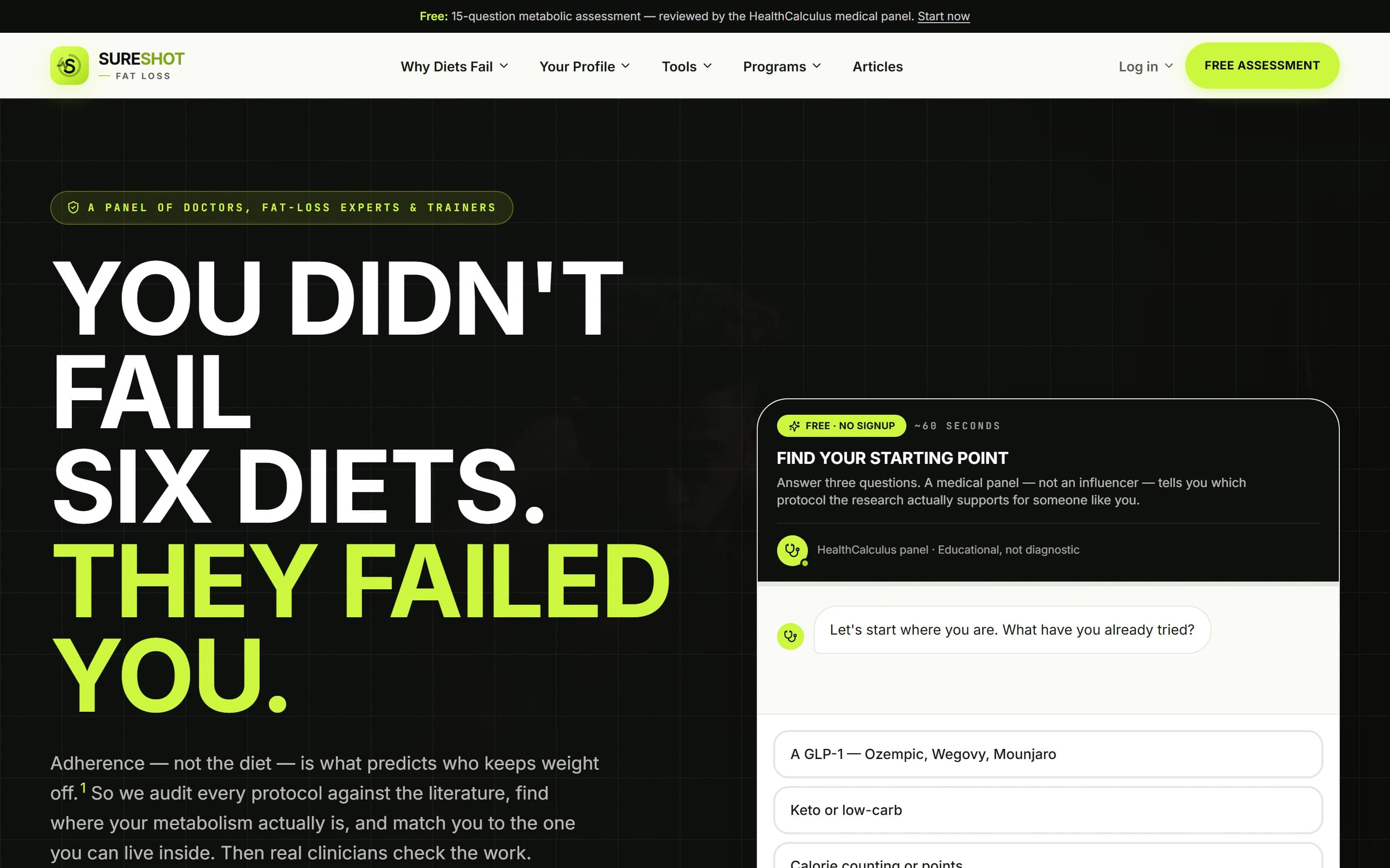 Metabolic health webapp — diet audits, assessment quiz, member protocols — SureShotFatLoss
