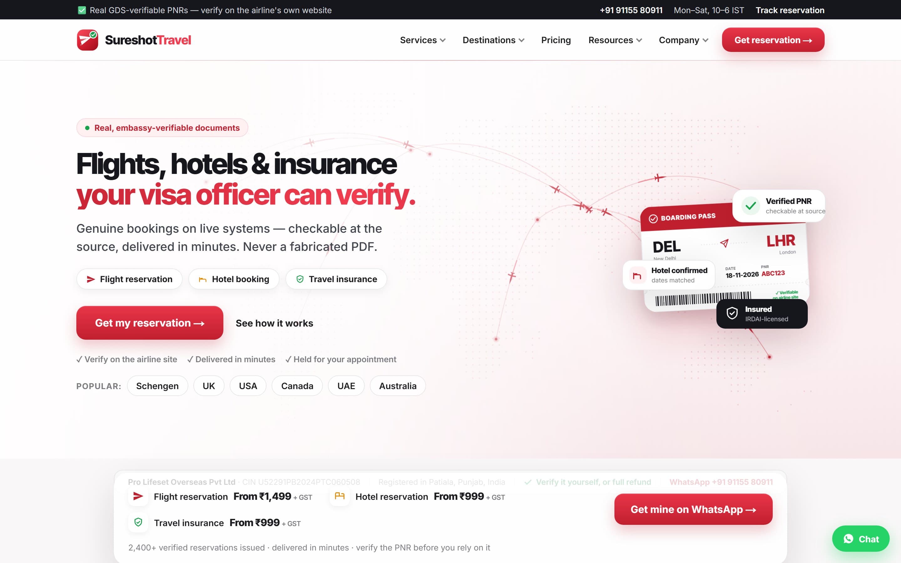 Visa travel-document webapp — verifiable PNRs, Schengen calculator, Razorpay checkout — SureshotTravel