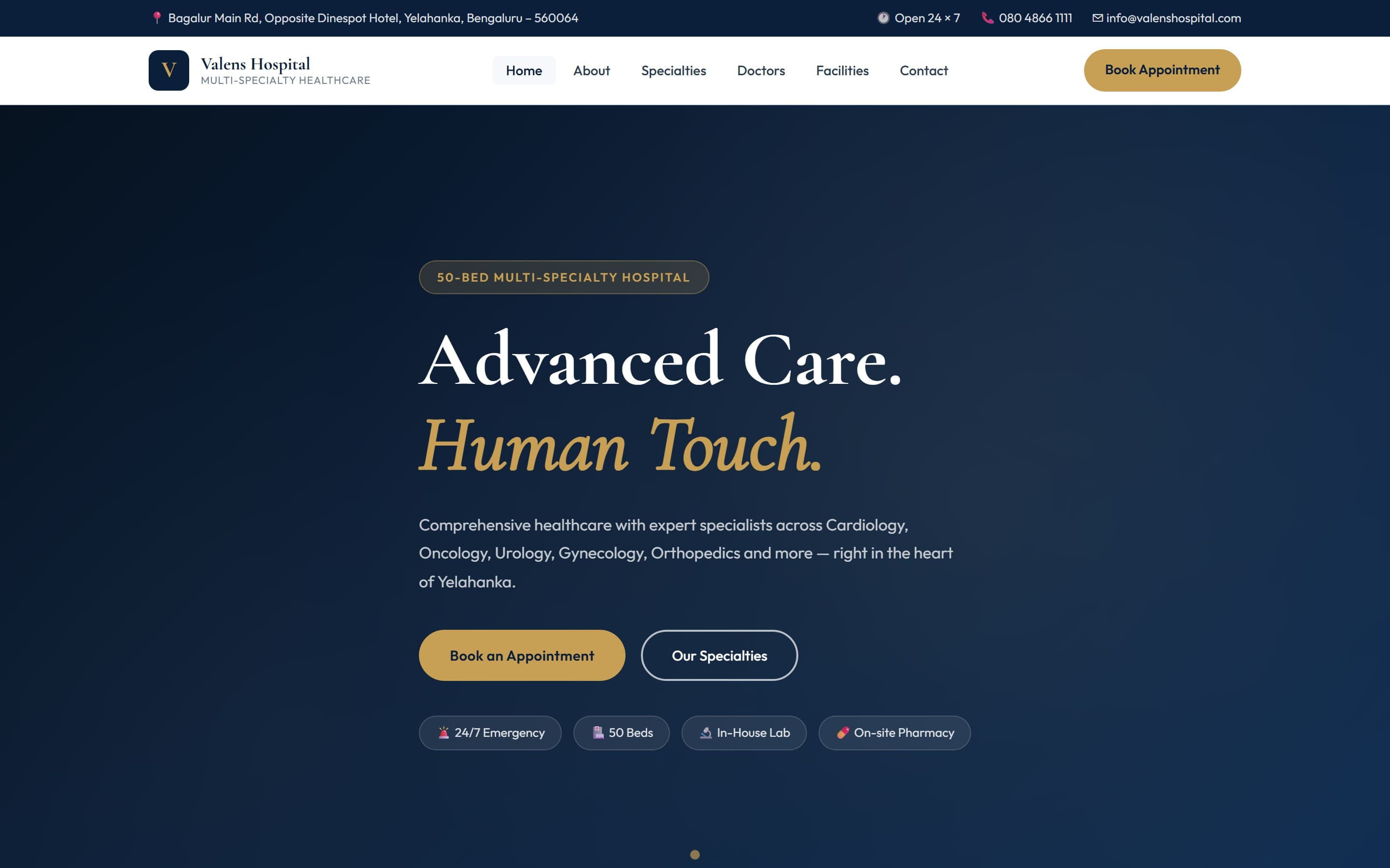 Valens Hospital — Multi-specialty hospital site — departments, doctors, 24/7 emergency