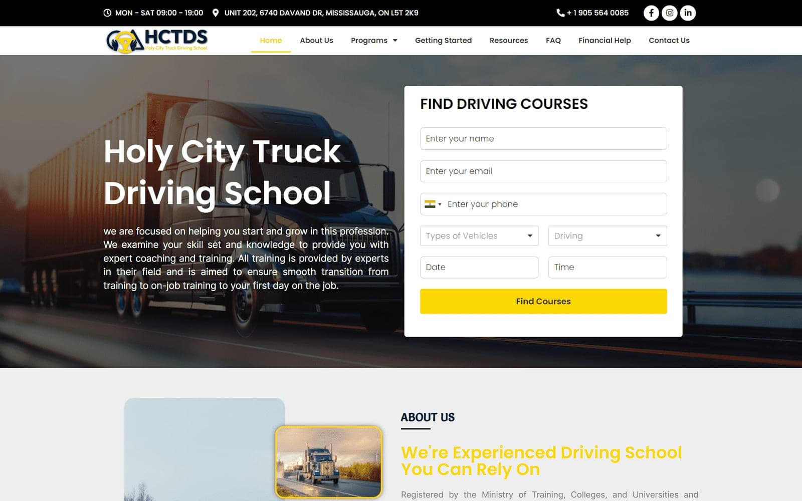 Truck driving school site: Class A / D programmes, course finder, financial help — hero