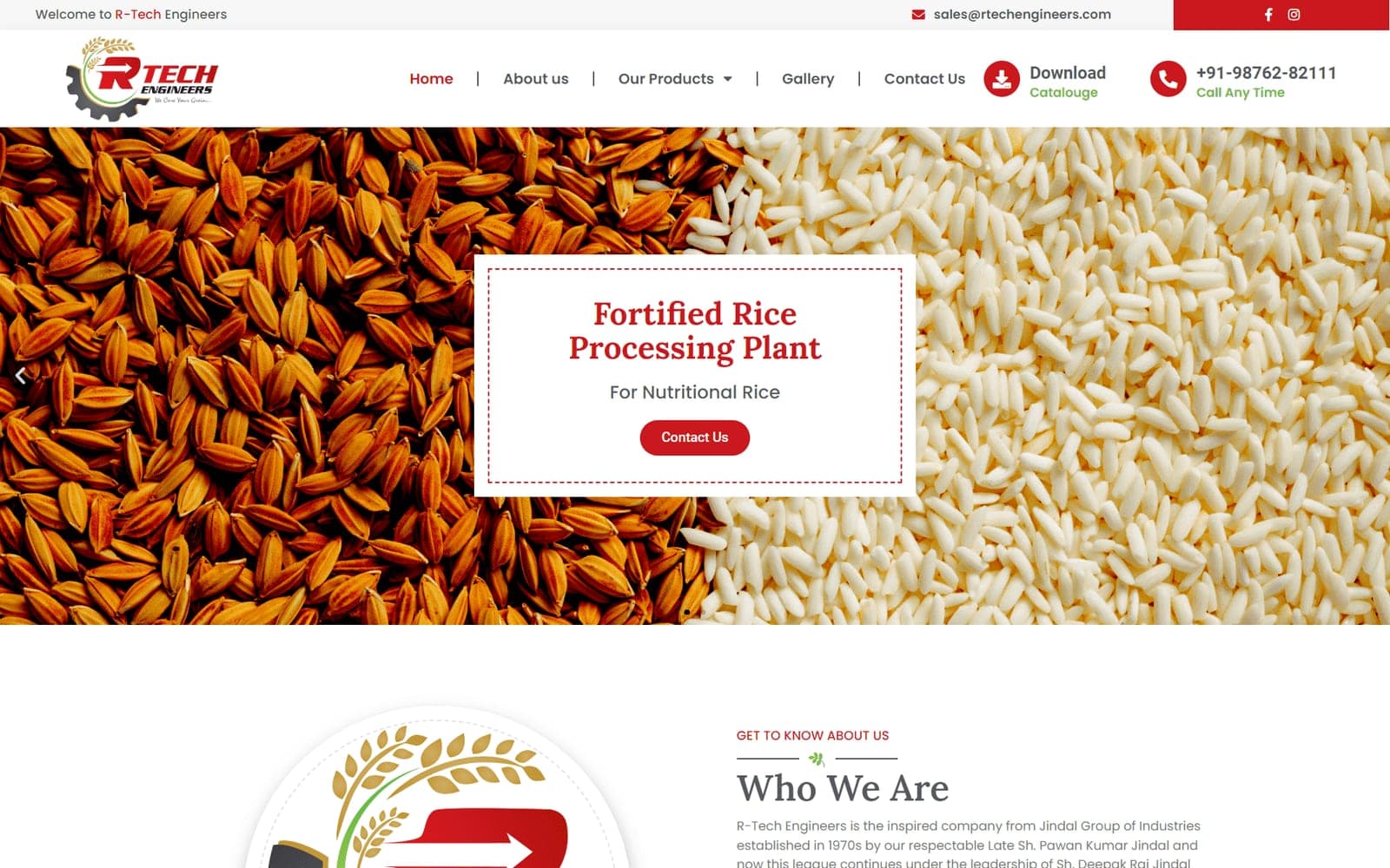 Rice-milling machinery site: fortified rice processing plants, product catalogue — hero