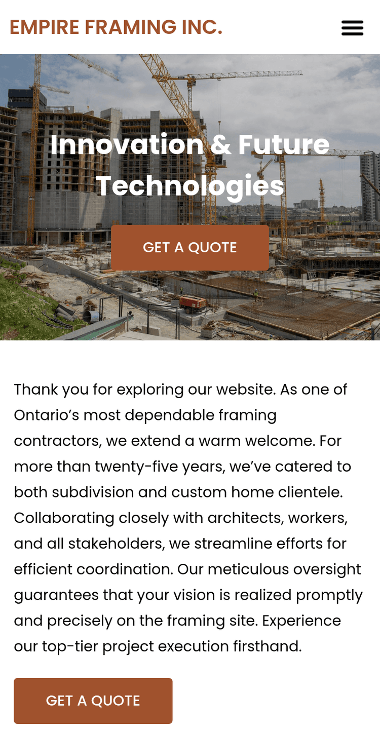 Custom-framing contractor — 25-year operator, four provinces — screenshot 2