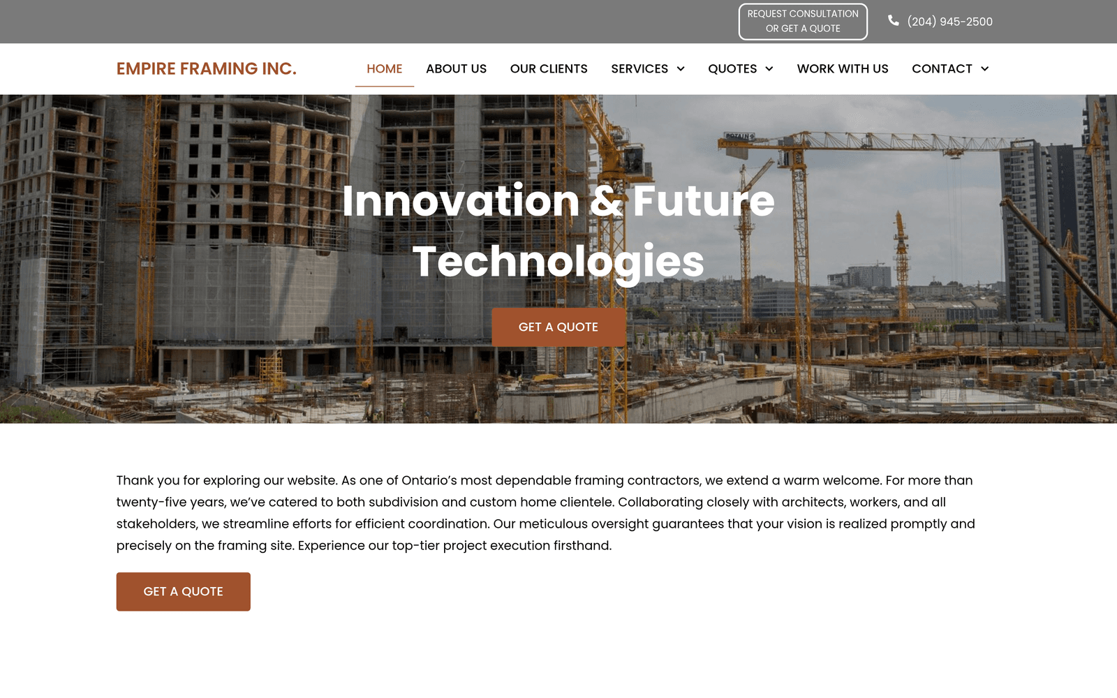Custom-framing contractor — 25-year operator, four provinces — hero