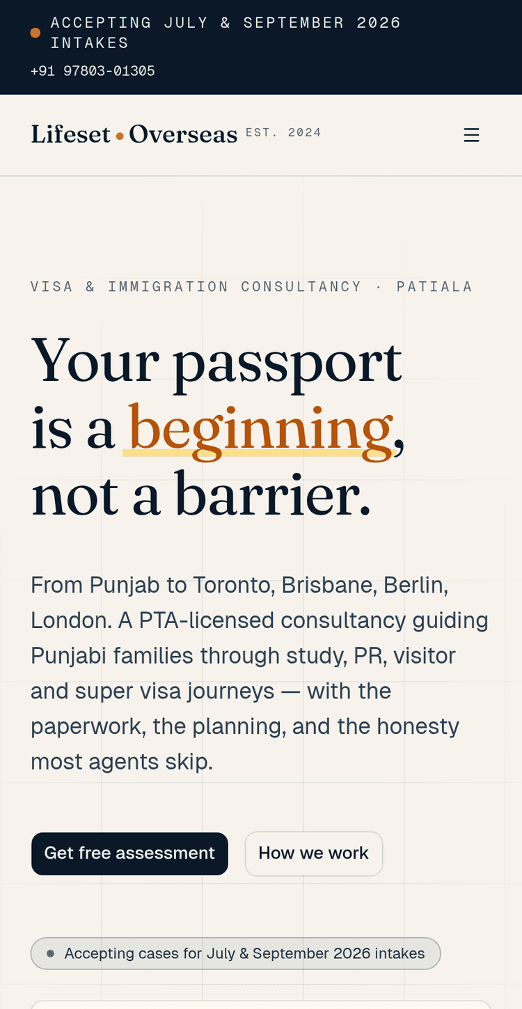 PTA-licensed immigration consultancy with client portal + 8-country playbook — screenshot 2