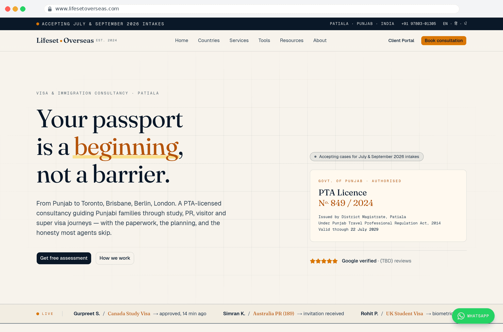 PTA-licensed immigration consultancy with client portal + 8-country playbook — screenshot 3