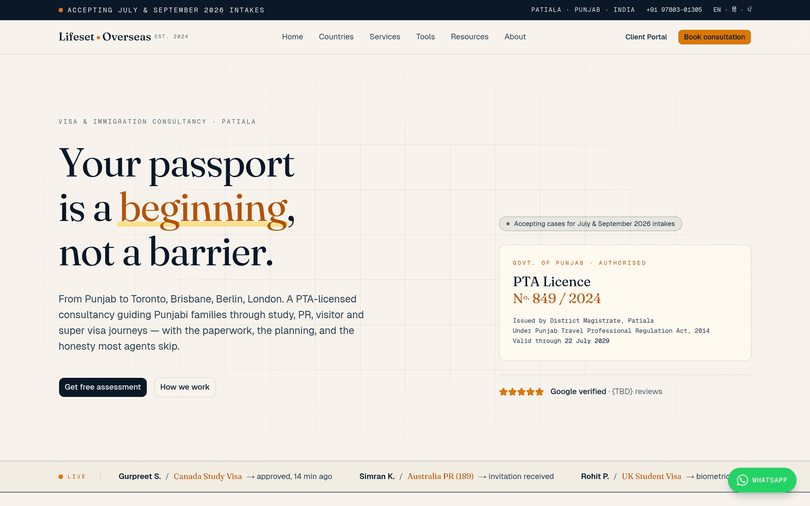PTA-licensed immigration consultancy with client portal + 8-country playbook — hero
