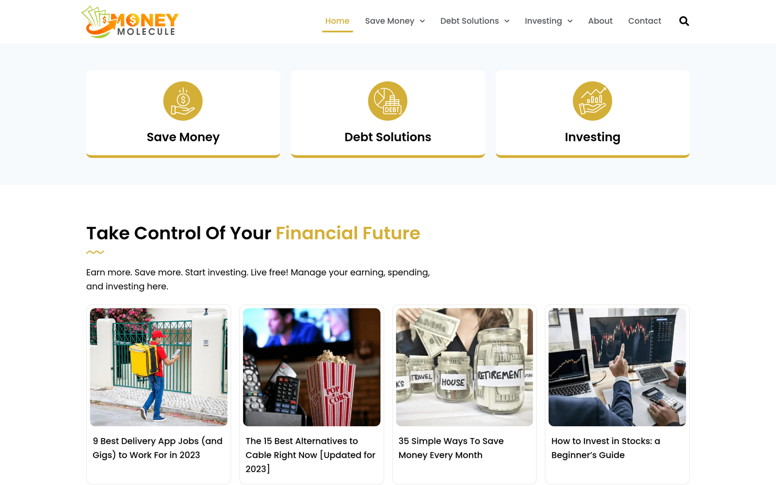Personal-finance content site with categorised library and search — hero