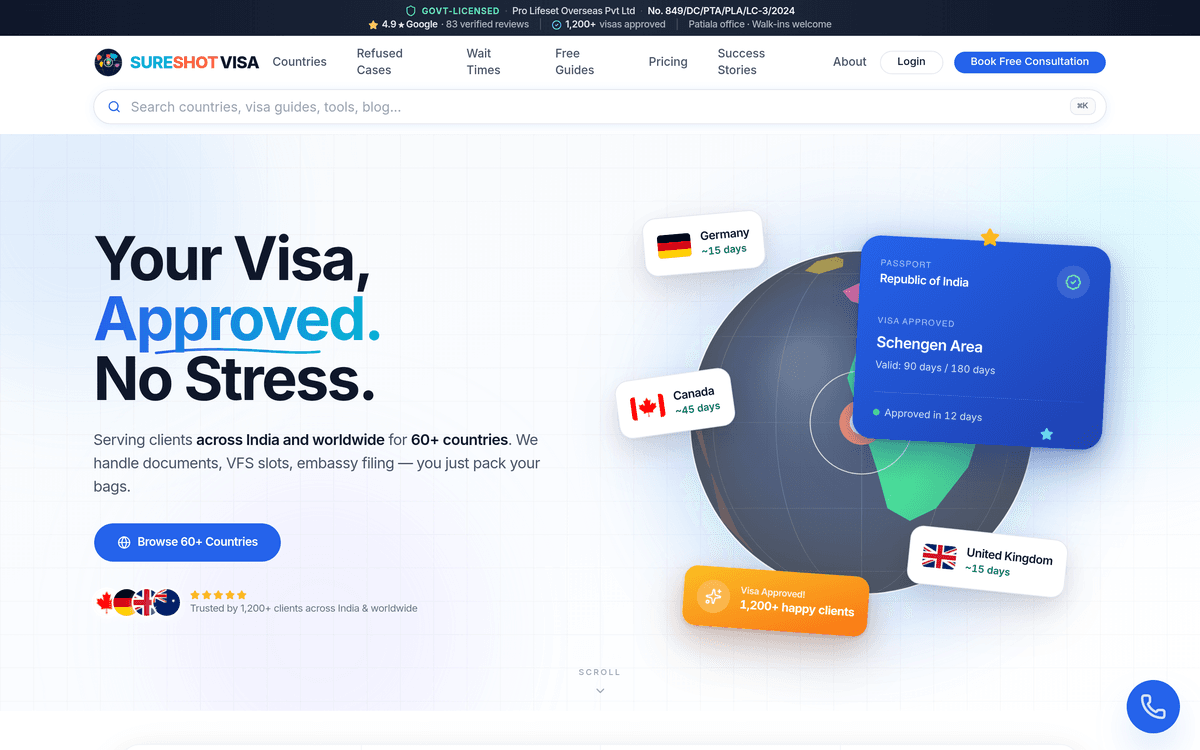 Visa consultancy webapp — eligibility quiz, fee calculator, document portal — SureshotVisa (Pro Lifeset Overseas Pvt Ltd)